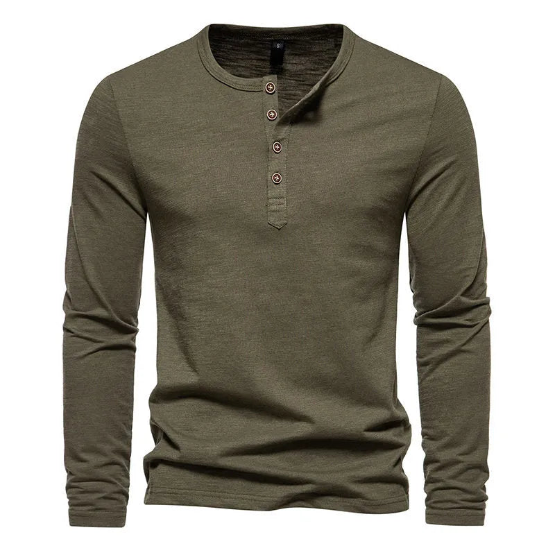 Long Sleeve Tee, Winter New Long Sleeve T-shirt Men's Bamboo Cotton Solid Color Four Button Henry Collar Long Sleeve T-shirt Men