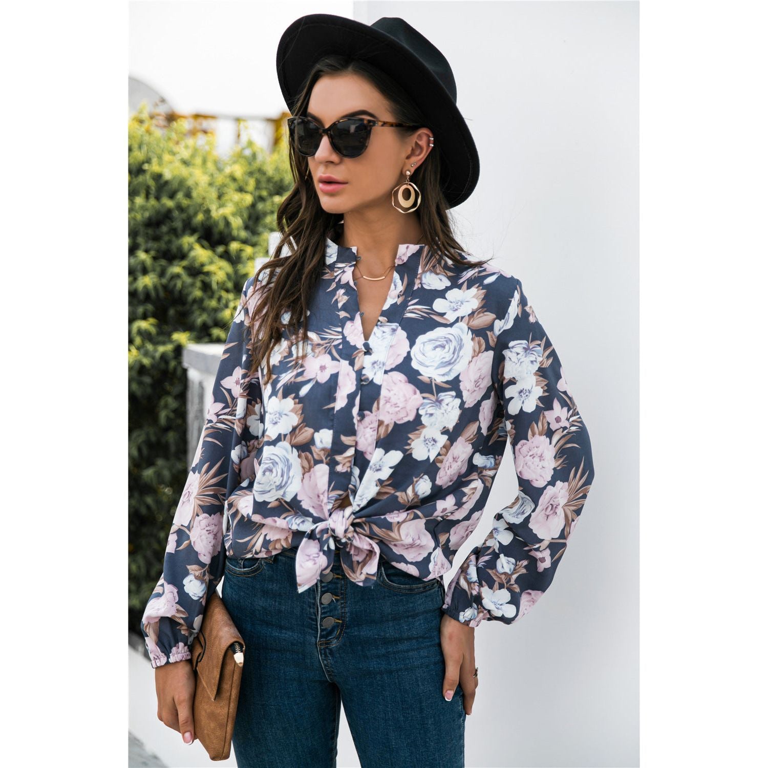 Floral Print Mock Neck Button Front Shirt