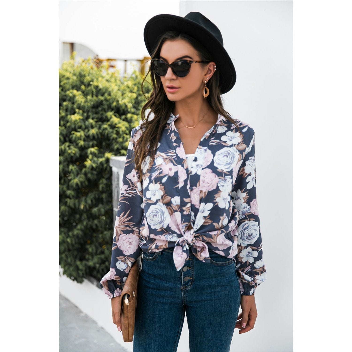 Floral Print Mock Neck Button Front Shirt