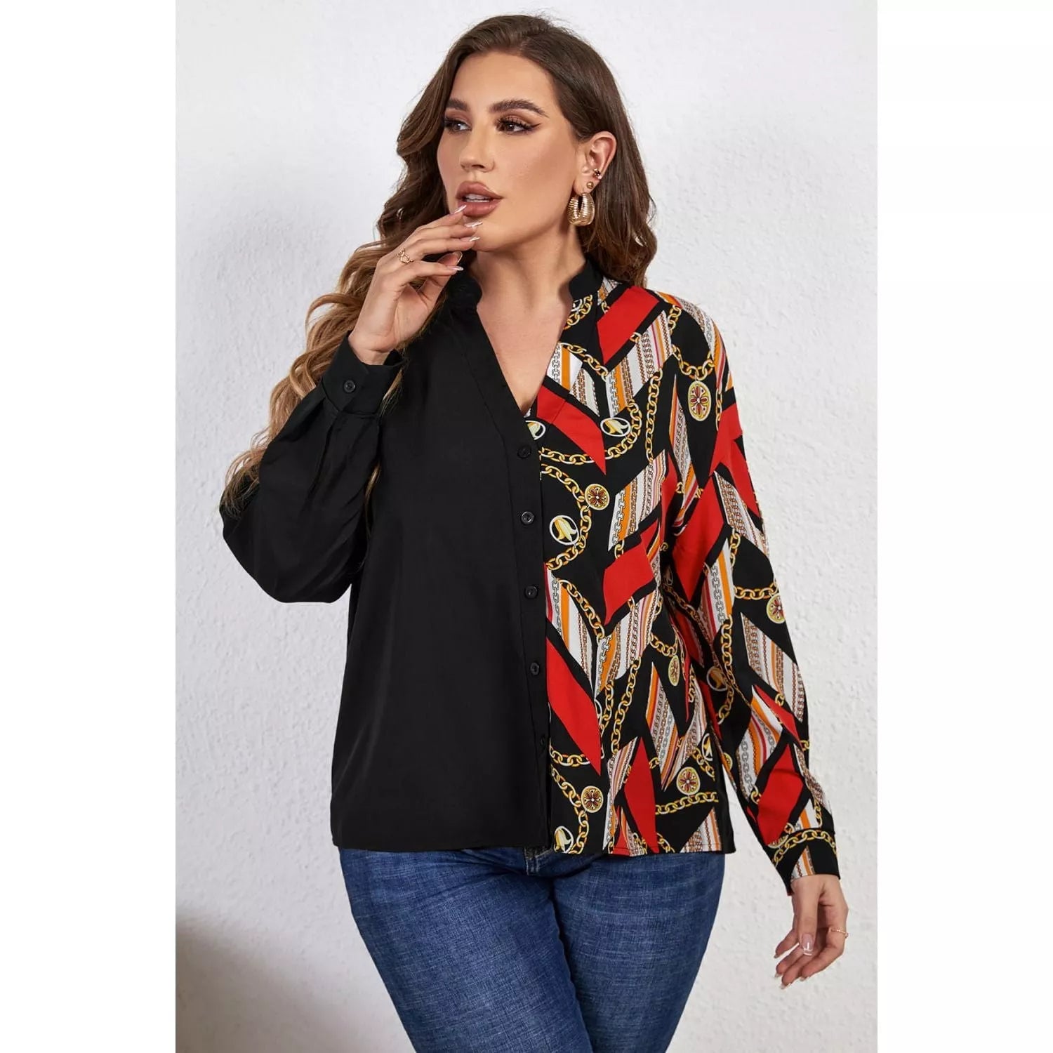 Plus Size Contrast Color Notched Neck Shirt