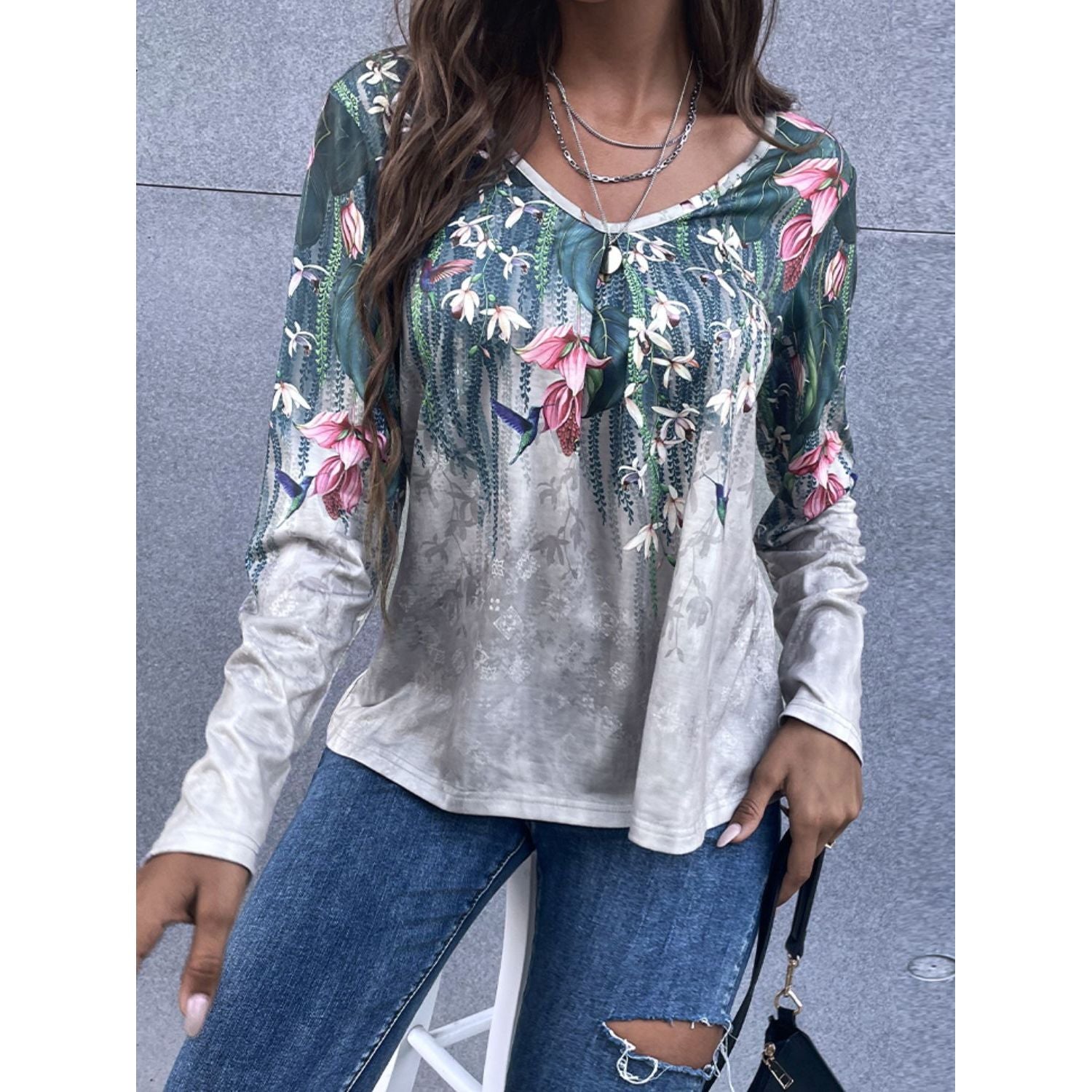 Floral V-Neck Long Sleeve Tee