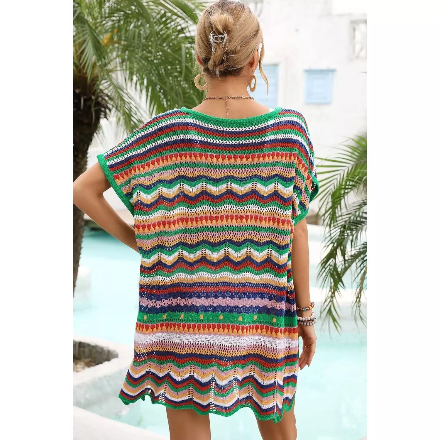 Rainbow Stripe Scalloped V-Neck Cover-Up Dress