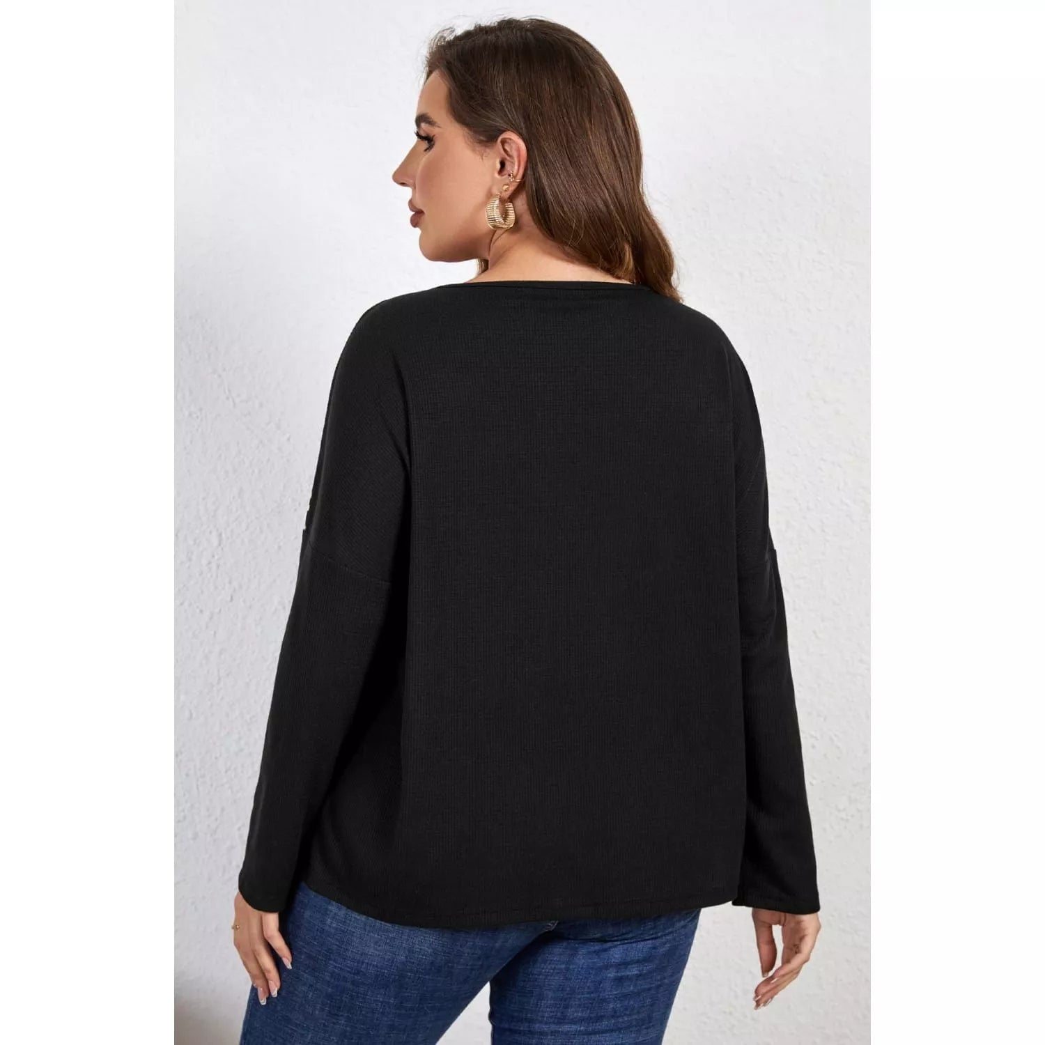 Plus Size Leopard Trim Round Neck Long Sleeve Tee